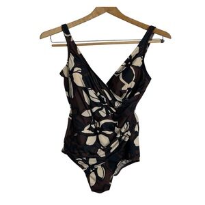 Miraclesuit Brown Tan Floral Oceanus Slimming Shaping One Piece Swimsuit Size 14